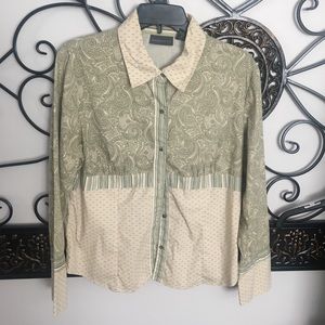 Green and tan mixed pattern button down